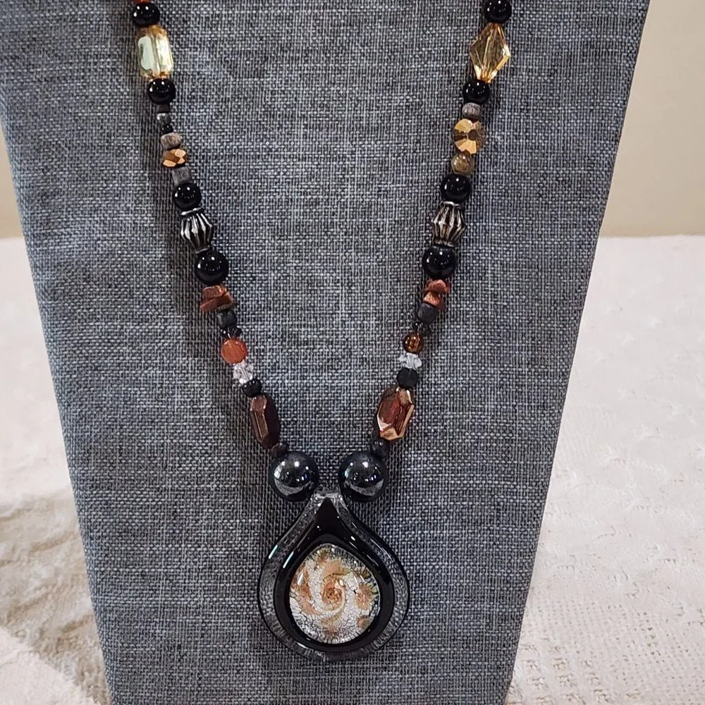 Artisan BOHO Earth Tone Large Blown Glass Swirl Pendant Beaded Long Necklace